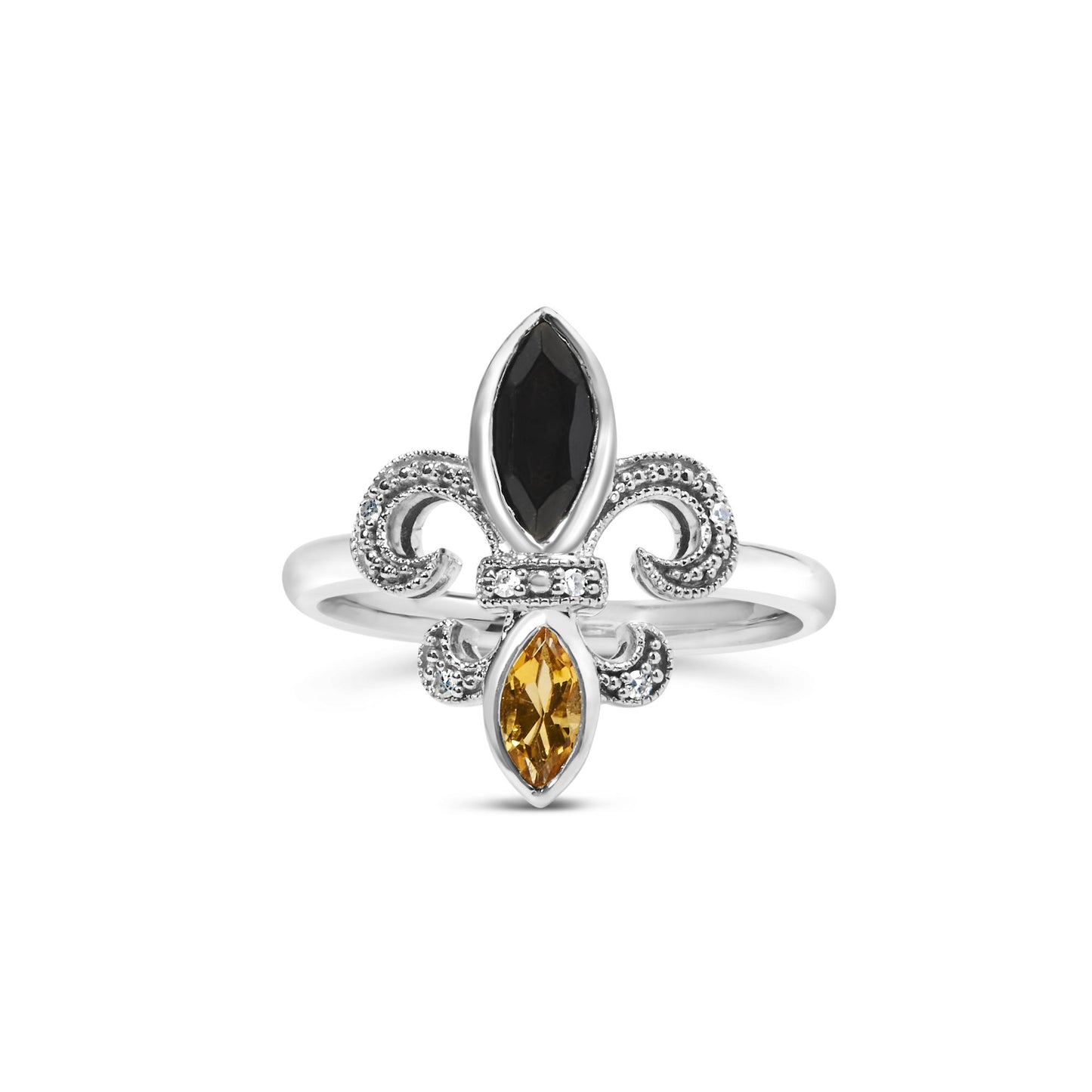 Front view of a white metal ring featuring a fleur-de-lis design with a black marquise-shaped gemstone at the top, an orange marquise-shaped gemstone at the bottom, and small white round gemstones set in pave style around the design.
