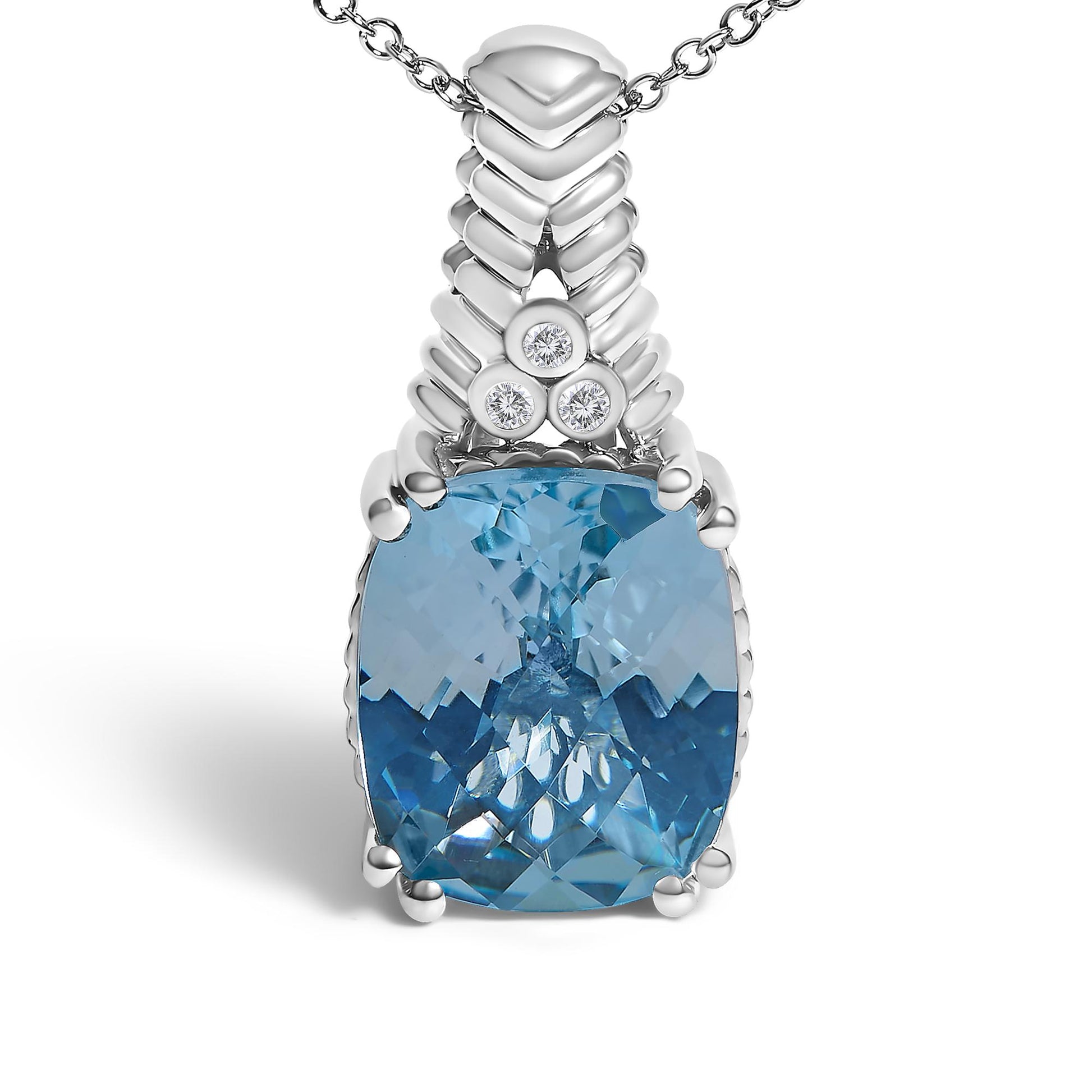 Close-up front view of a white metal necklace pendant featuring a cushion-shaped blue gemstone in a prong setting, accented above by three round white gemstones in bezel settings.