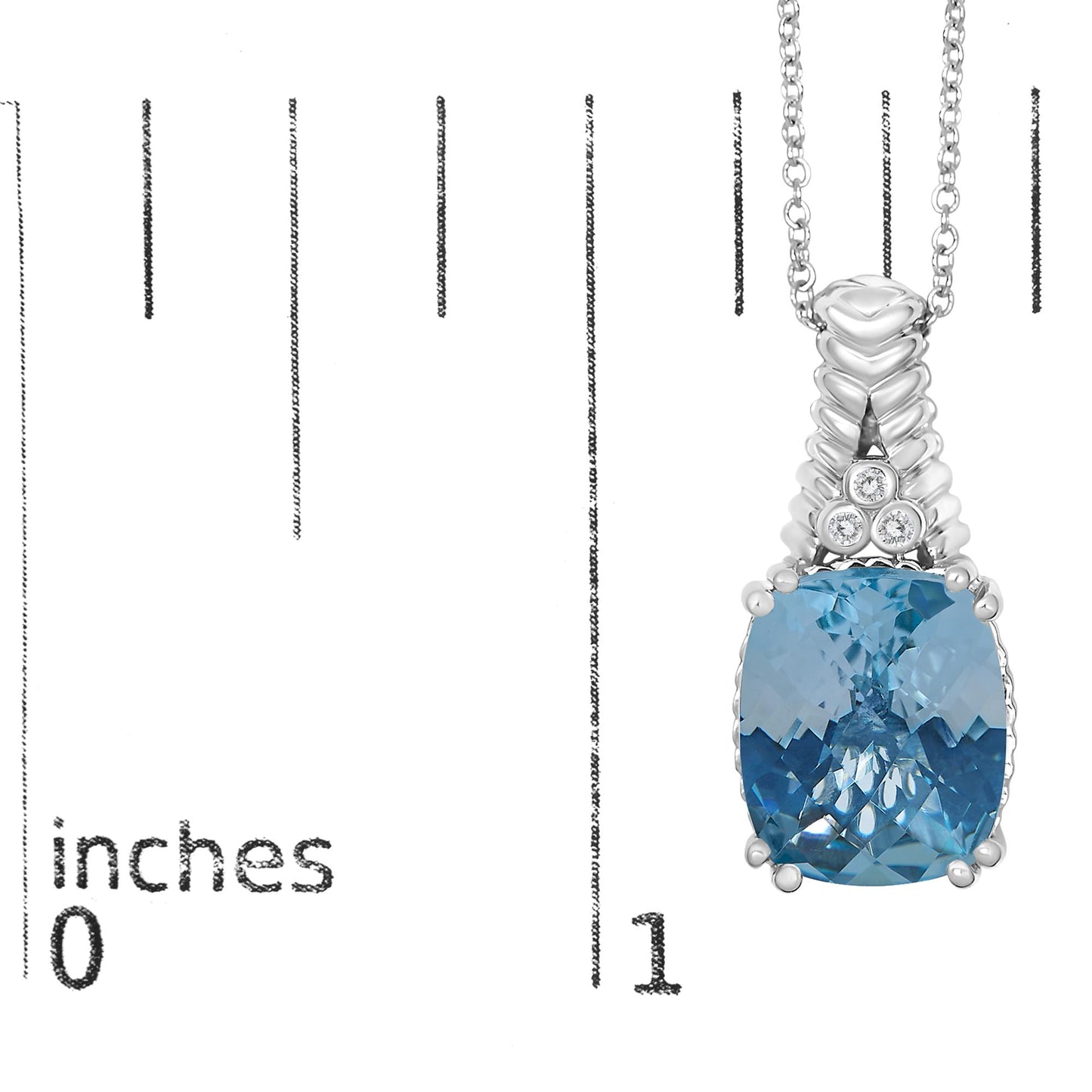 Close-up front view of a white metal necklace pendant with a large blue cushion-shaped gemstone in prong setting, topped with three small round white gemstones in bezel setting, shown on a scale.