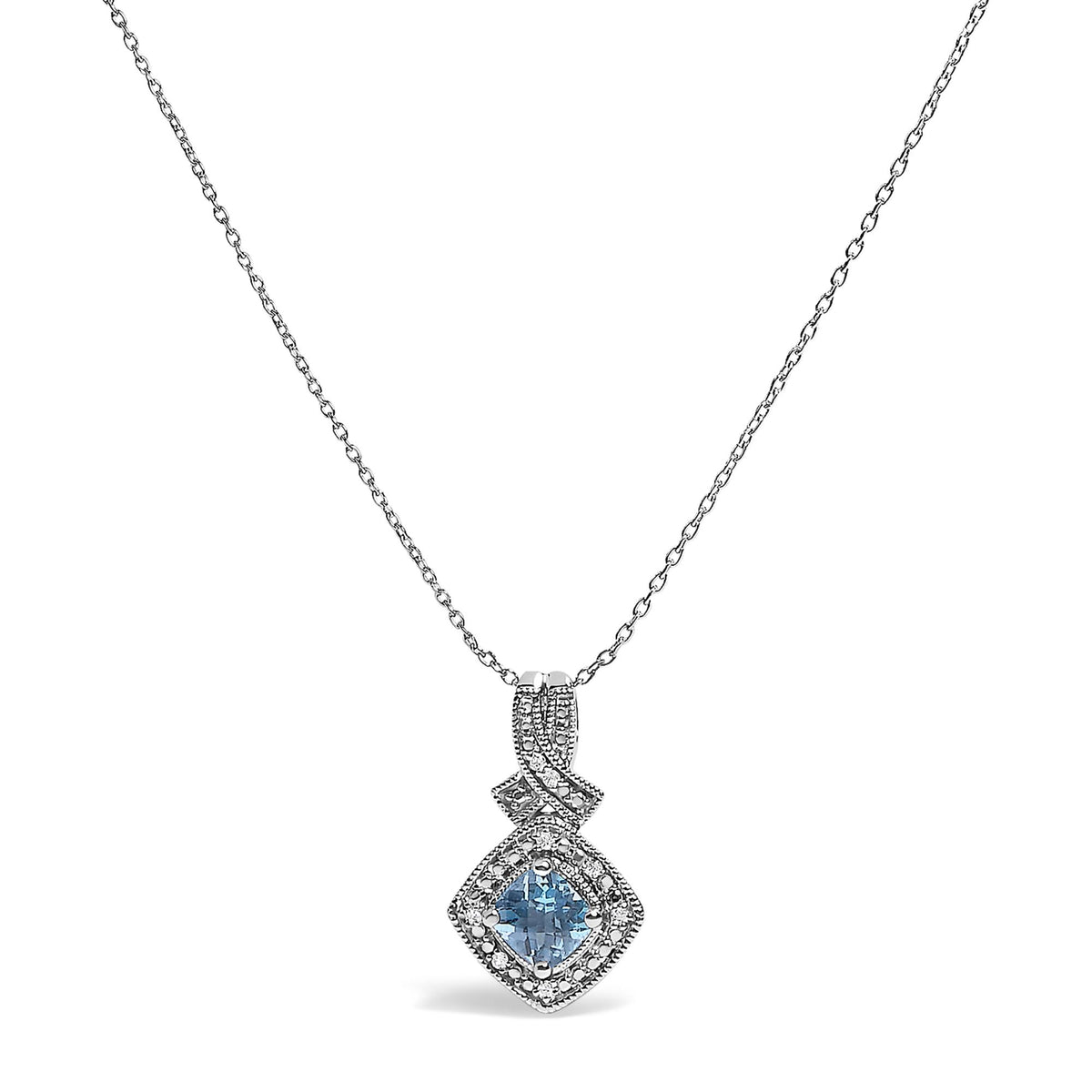 .925 Sterling Silver 5x5 mm Blue Topaz and Diamond Accent Cushion Pendant Necklace