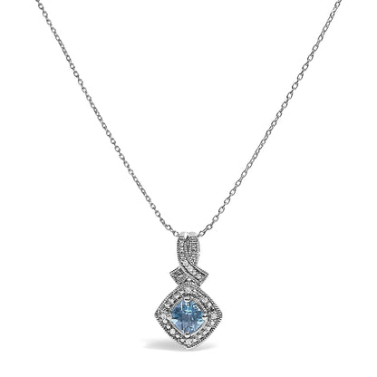 .925 Sterling Silver 5x5 mm Blue Topaz and Diamond Accent Cushion Pendant Necklace