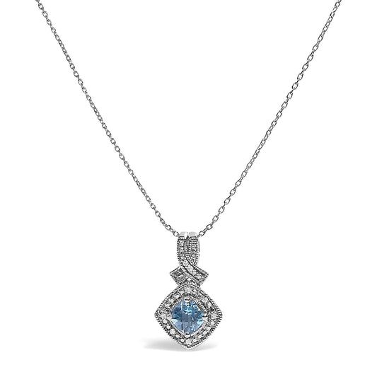 Front view of .925 Sterling Silver 5x5 mm Blue Topaz and Diamond Accent Cushion Pendant Necklace showcasing blue topaz center