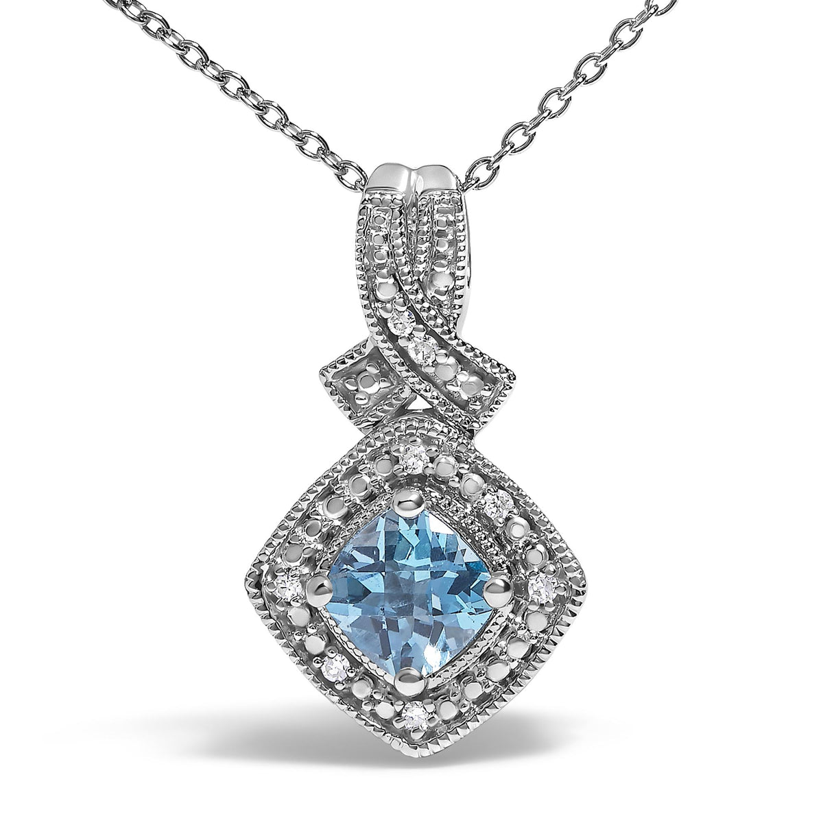 .925 Sterling Silver 5x5 mm Blue Topaz and Diamond Accent Cushion Pendant Necklace