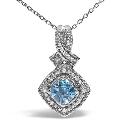 Front view of .925 sterling silver 5x5 mm blue topaz cushion pendant necklace showcasing diamond accents on white
