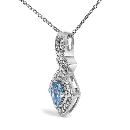 .925 Sterling Silver 5x5 mm Blue Topaz and Diamond Accent Cushion Pendant Necklace