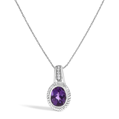.925 Sterling Silver 10x8 mm Amethyst and Diamond Accent Oval Pendant Necklace