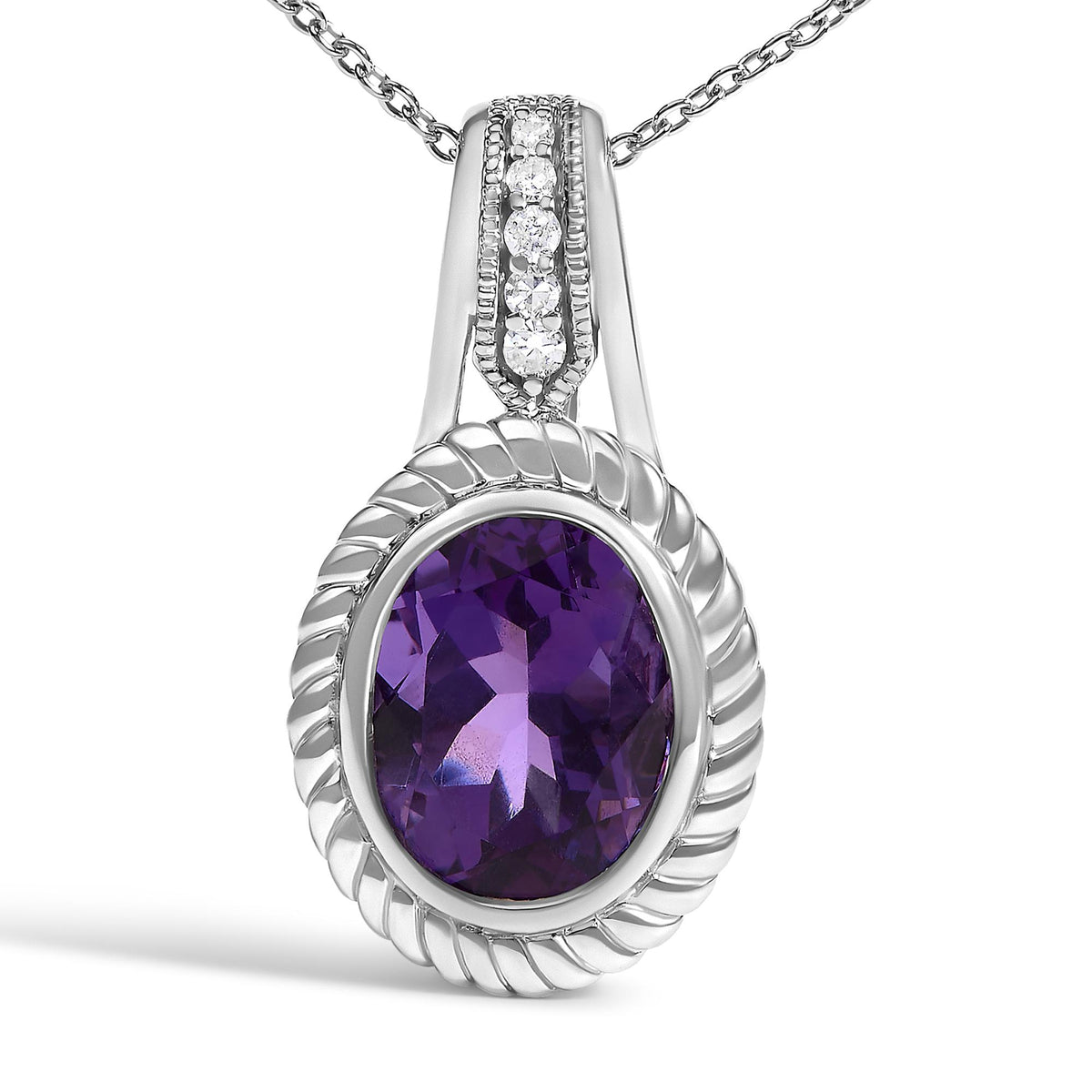 .925 Sterling Silver 10x8 mm Amethyst and Diamond Accent Oval Pendant Necklace