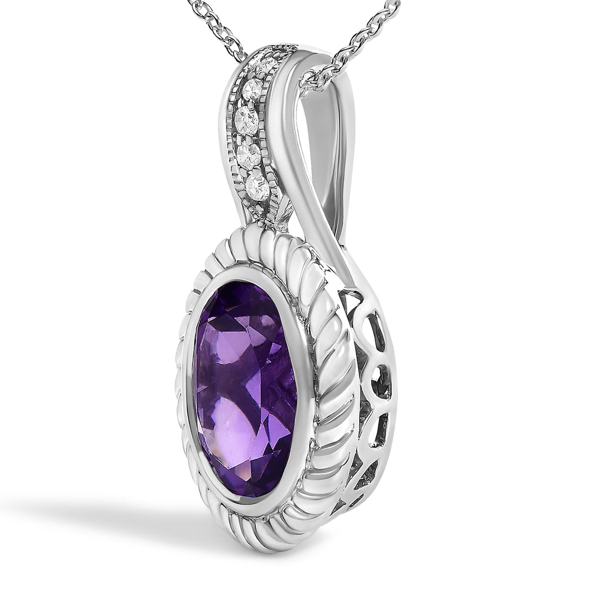 .925 Sterling Silver 10x8 mm Amethyst and Diamond Accent Oval Pendant Necklace