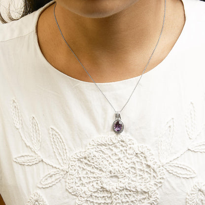 .925 Sterling Silver 10x8 mm Amethyst and Diamond Accent Oval Pendant Necklace