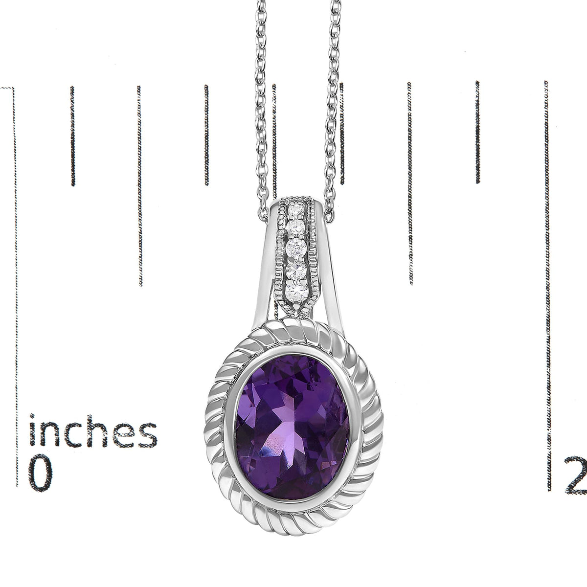 .925 Sterling Silver 10x8 mm Amethyst and Diamond Accent Oval Pendant Necklace