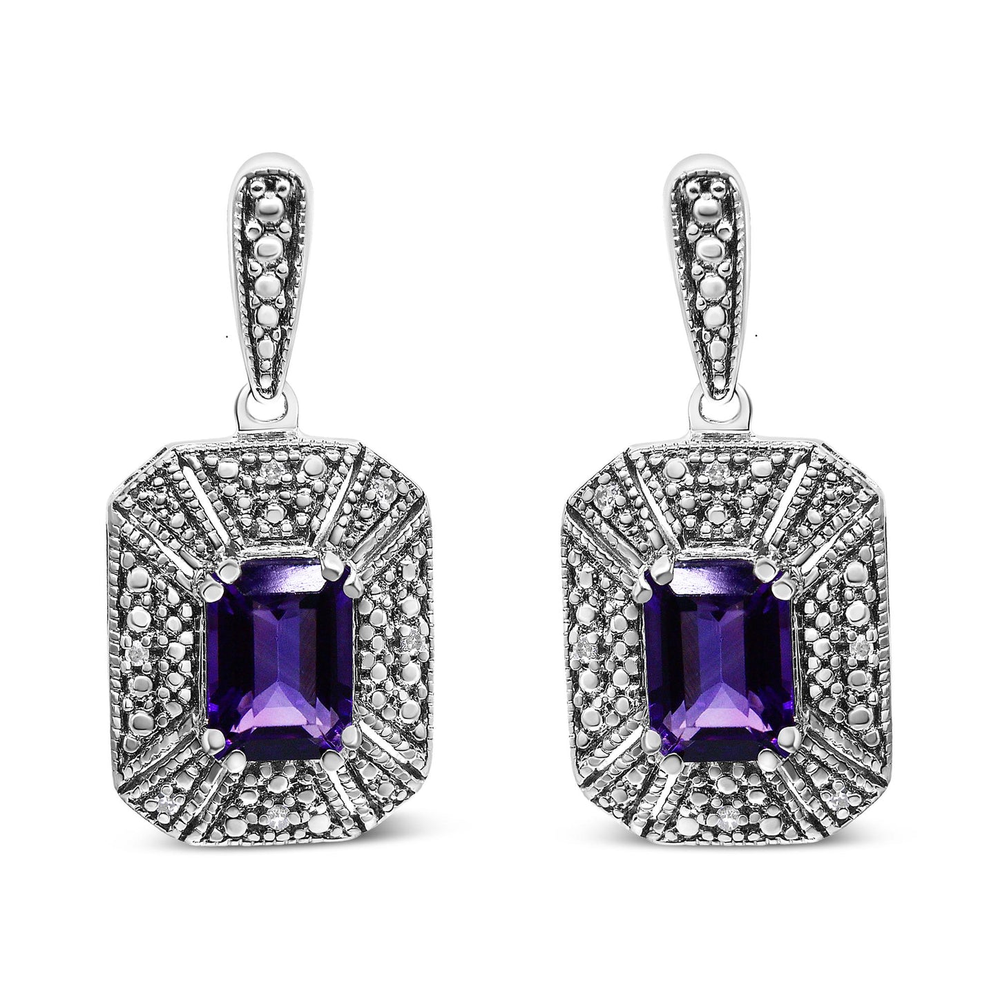 Pair of white metal earrings with rectangular purple gemstones in the center, surrounded by multiple small round white gemstones, shown from the front angle.