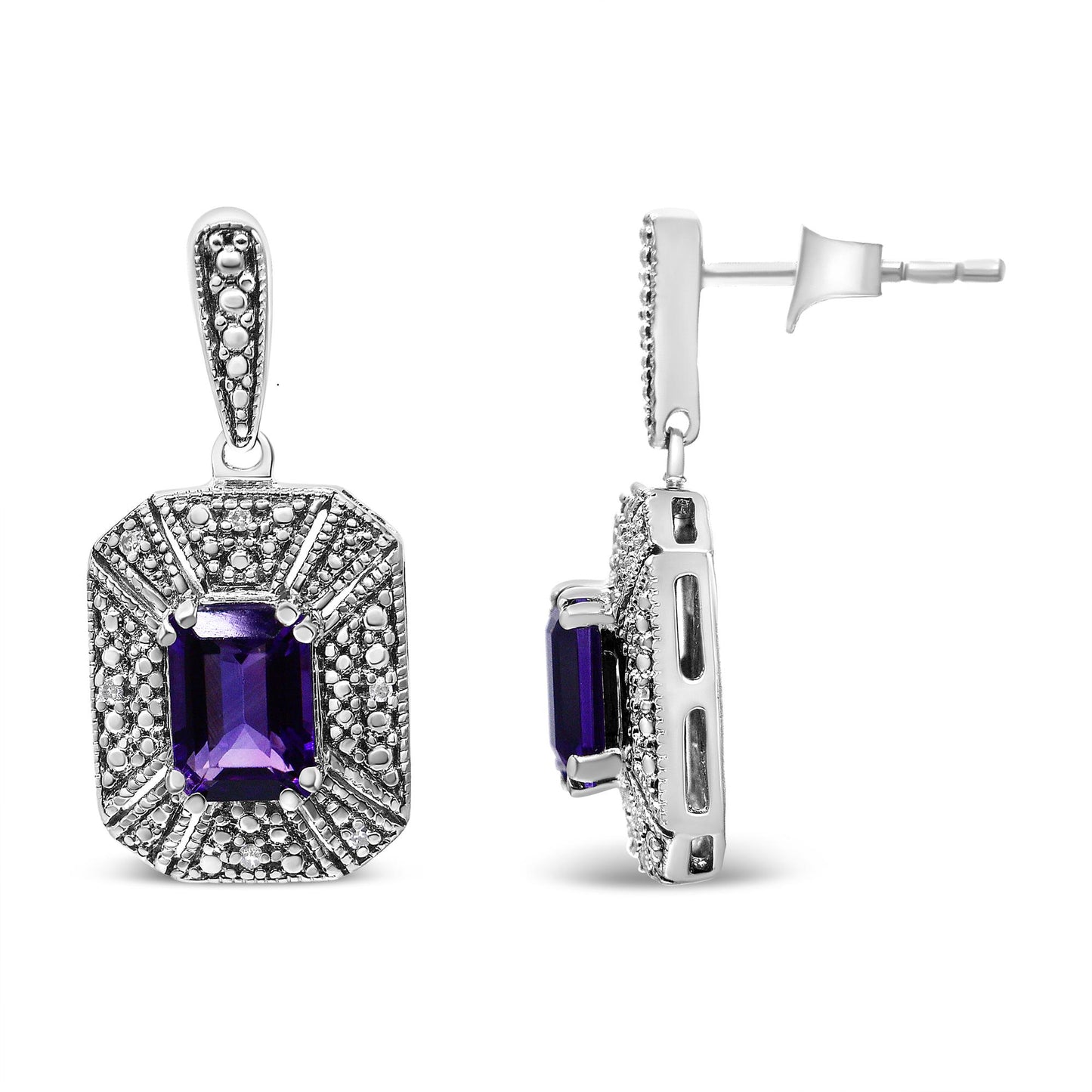 Front and side view of white metal earrings featuring a central purple emerald-shaped gemstone surrounded by round white gemstones in a prong setting, photographed on a white background.