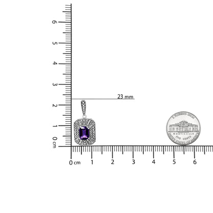 Single white metal earring with a rectangular purple gemstone surrounded by round white gemstones, shown on a ruler for size reference from a top-down angle.