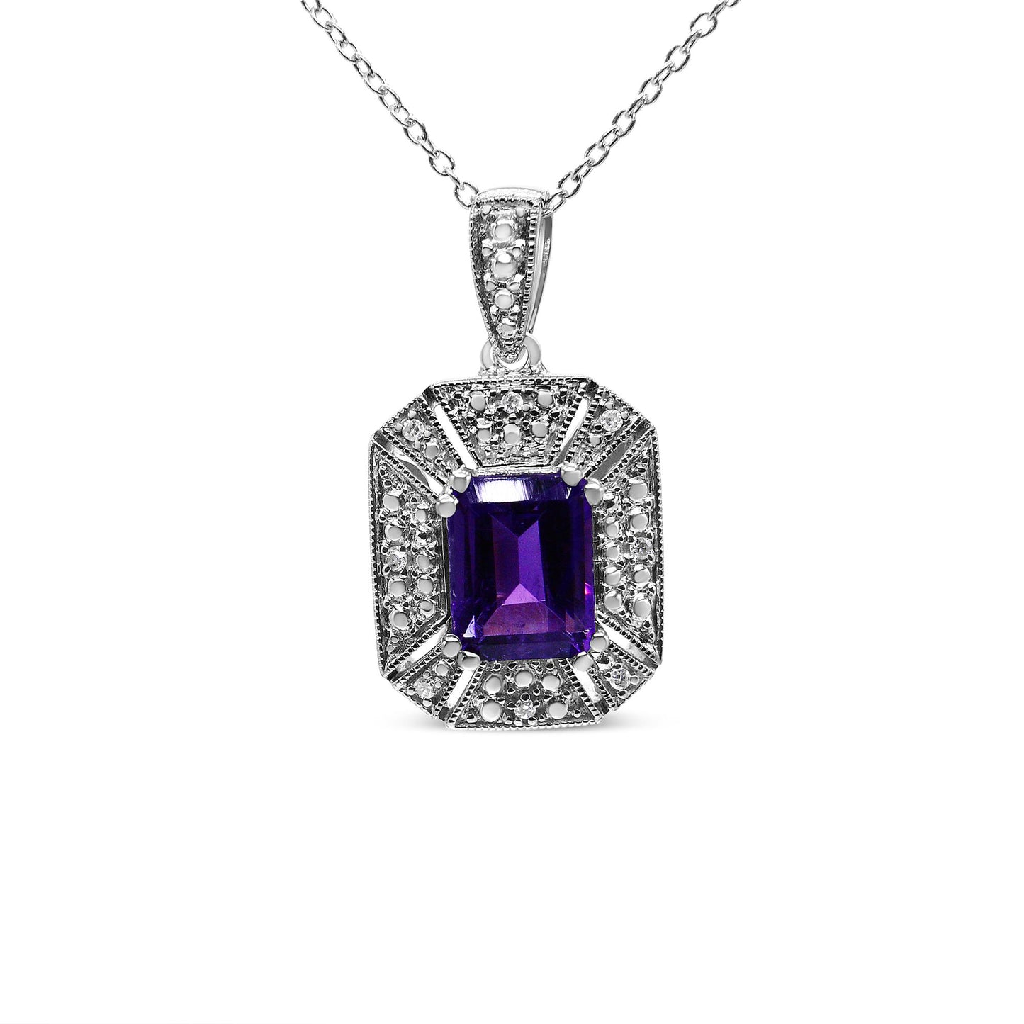 White metal necklace with a rectangular purple gemstone pendant surrounded by multiple small round white gemstones, shown from a front angle.