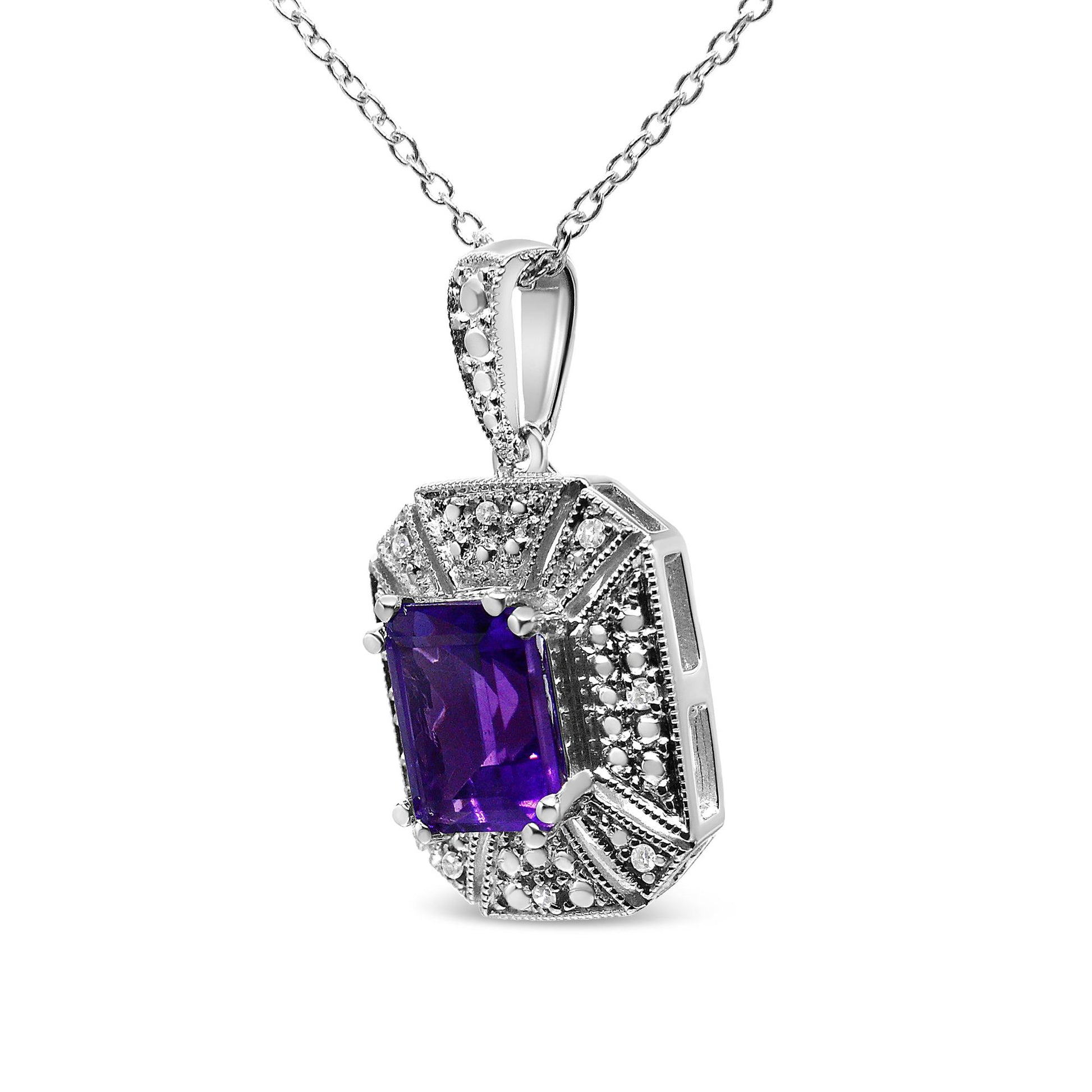Close-up front angle of a white metal necklace pendant featuring a purple emerald-shaped gemstone surrounded by small round white gemstones in prong settings.