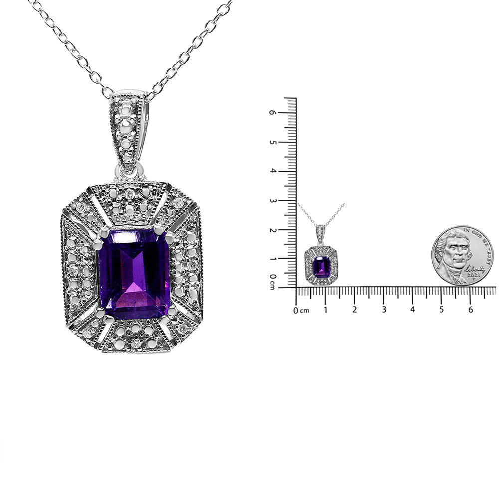 Close-up front view of a white metal necklace pendant featuring a large rectangular purple gemstone surrounded by smaller white round gemstones in prong settings, shown next to a ruler and coin for size reference.