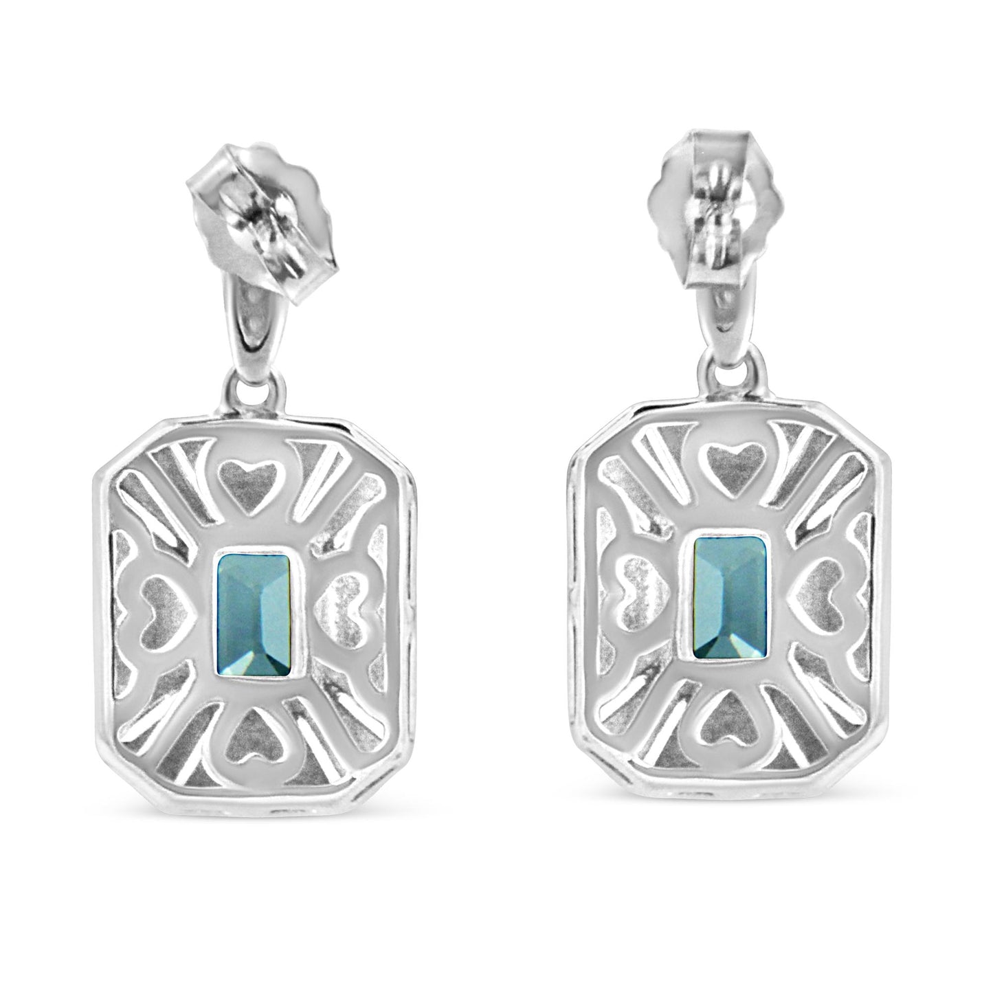 Front-facing view of white metal earrings with openwork heart and line patterns, each featuring a central blue rectangular gemstone in a prong setting.