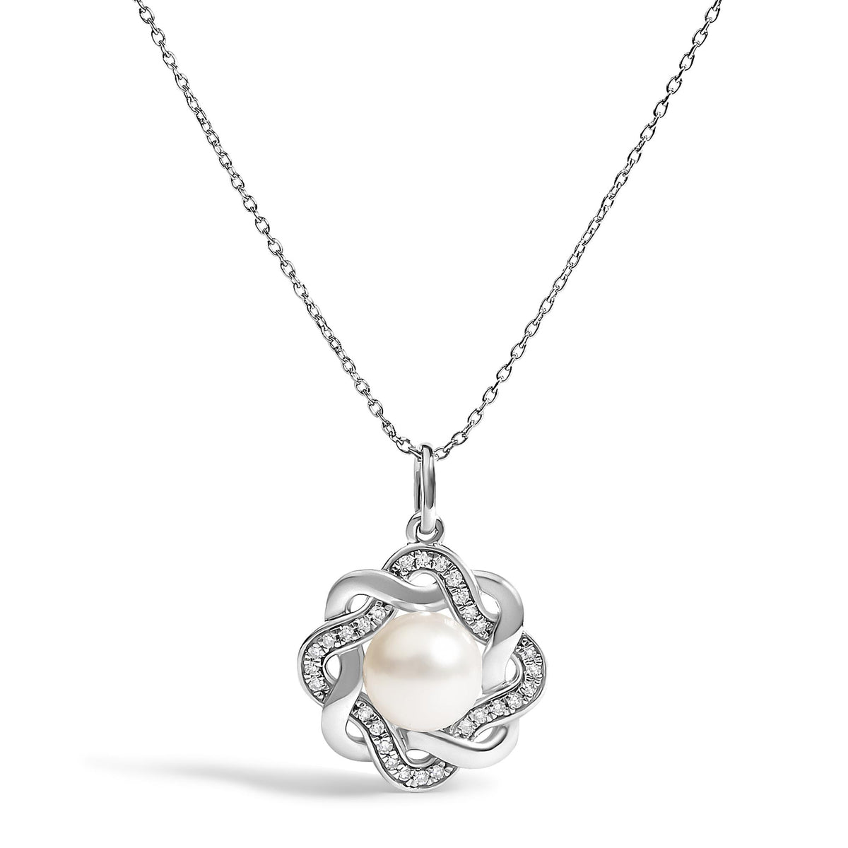 White necklace shown in a close-up front angle with a round white gemstone centerpiece surrounded by interwoven white metal ribbons accented with small round white gemstones in prong settings.
