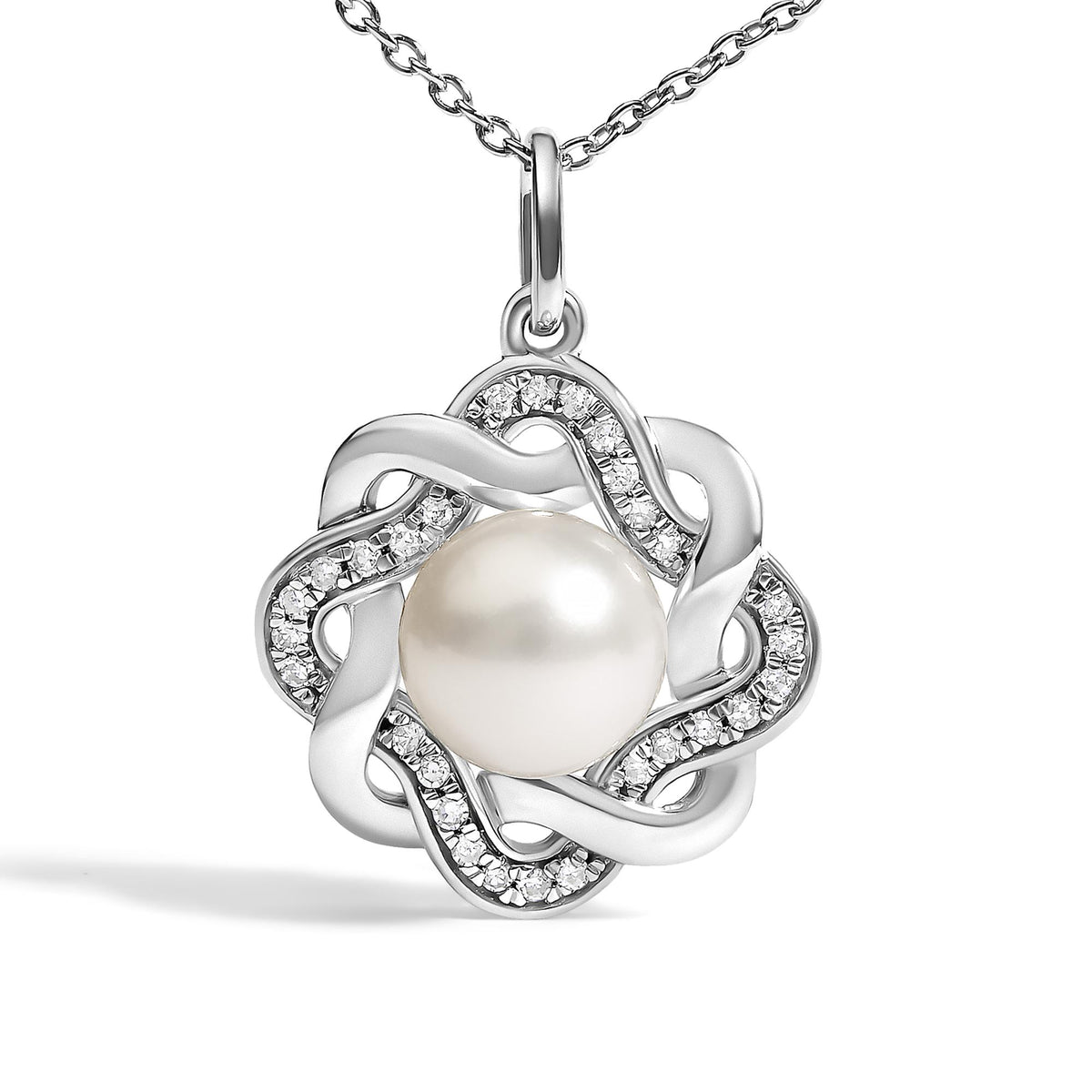 Close-up front angle of a white necklace pendant featuring an intertwined ribbon design with white gemstones in prong settings and a central large round white gemstone.