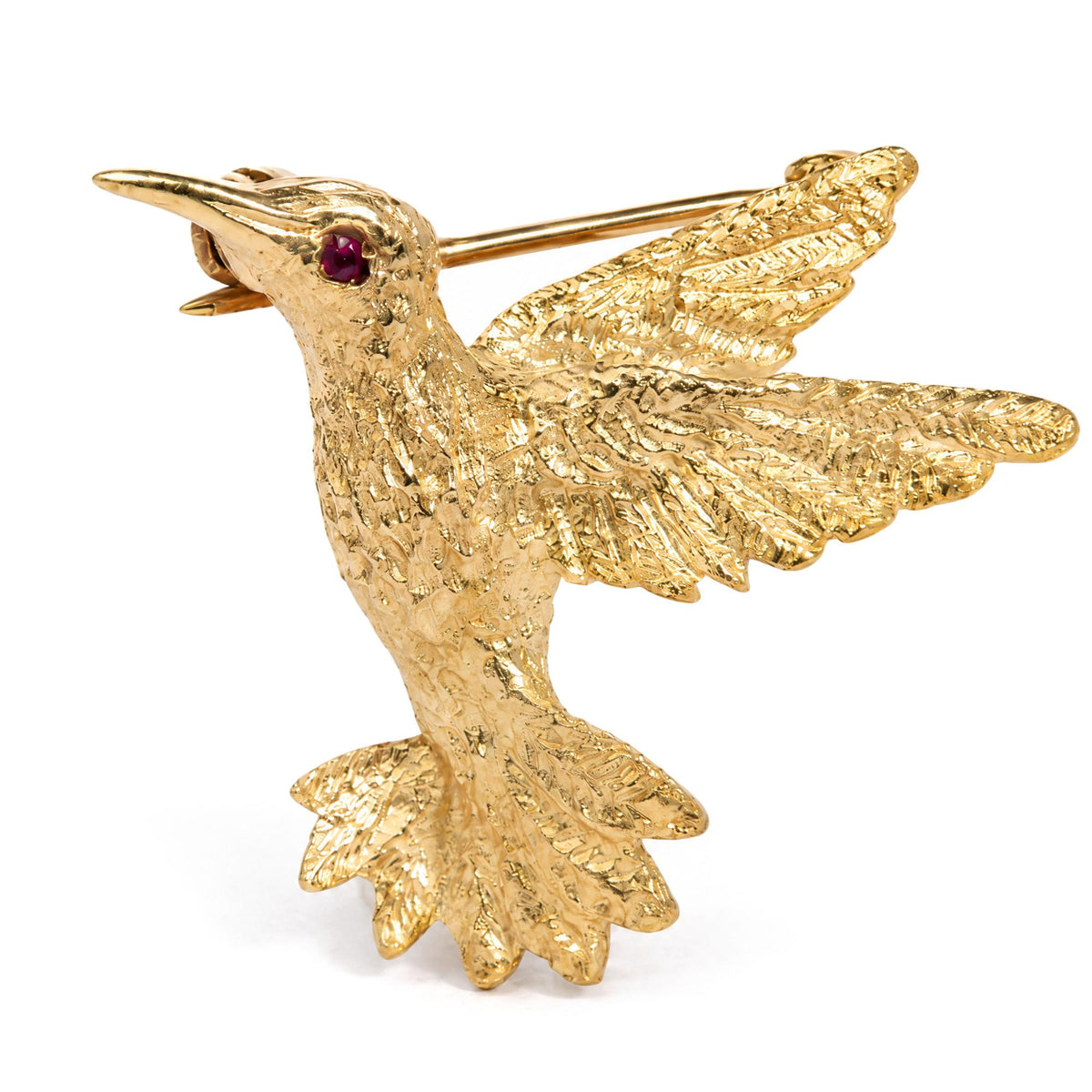 14K Yellow Gold Textured Hummingbird Brooch with Round Lab-Created Ruby Accent