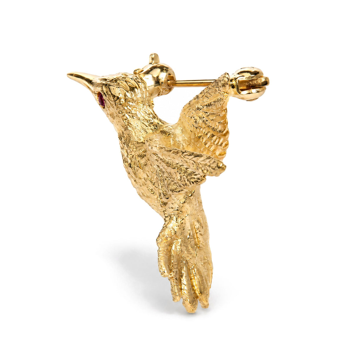 14K Yellow Gold Textured Hummingbird Brooch with Round Lab-Created Ruby Accent