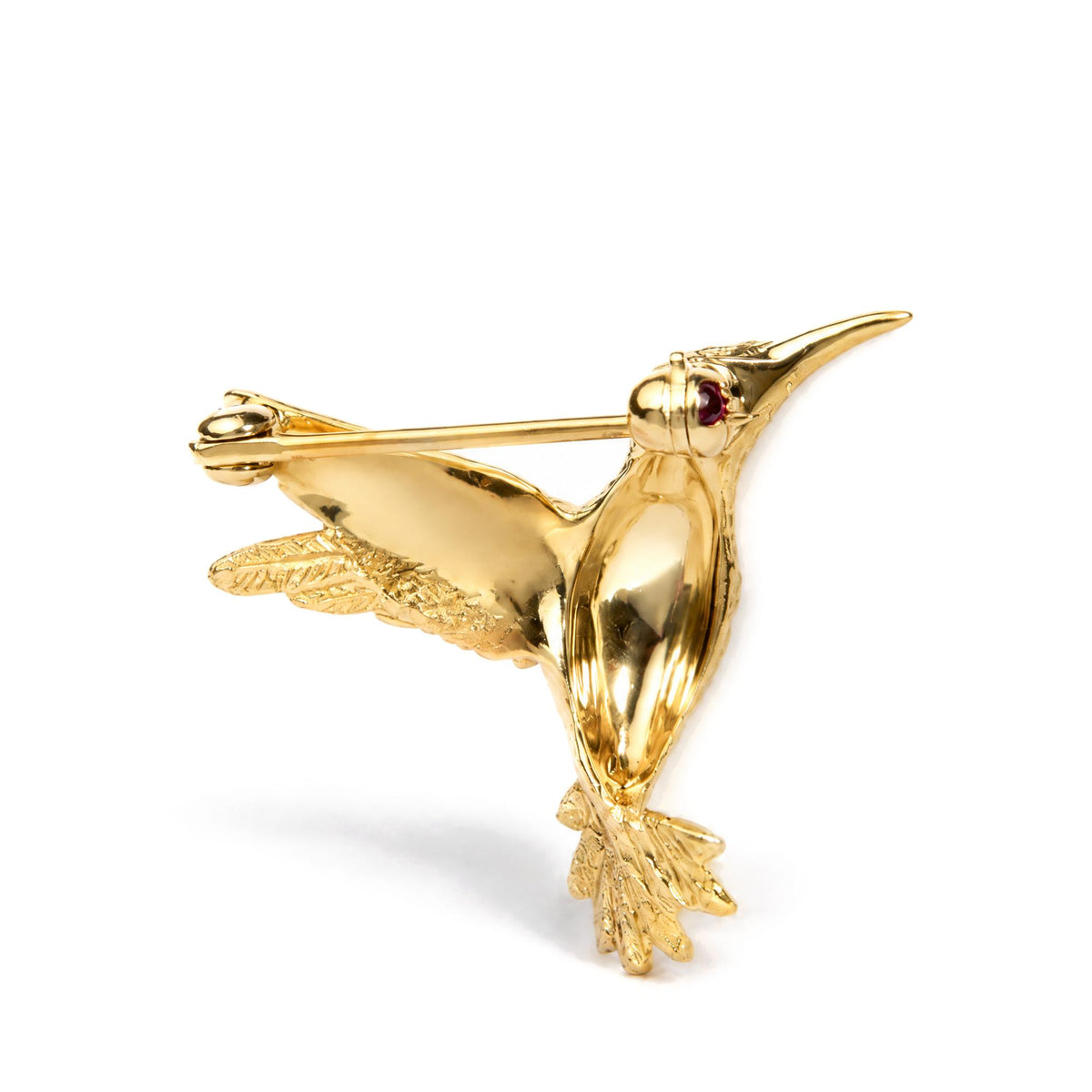 14K Yellow Gold Textured Hummingbird Brooch with Round Lab-Created Ruby Accent
