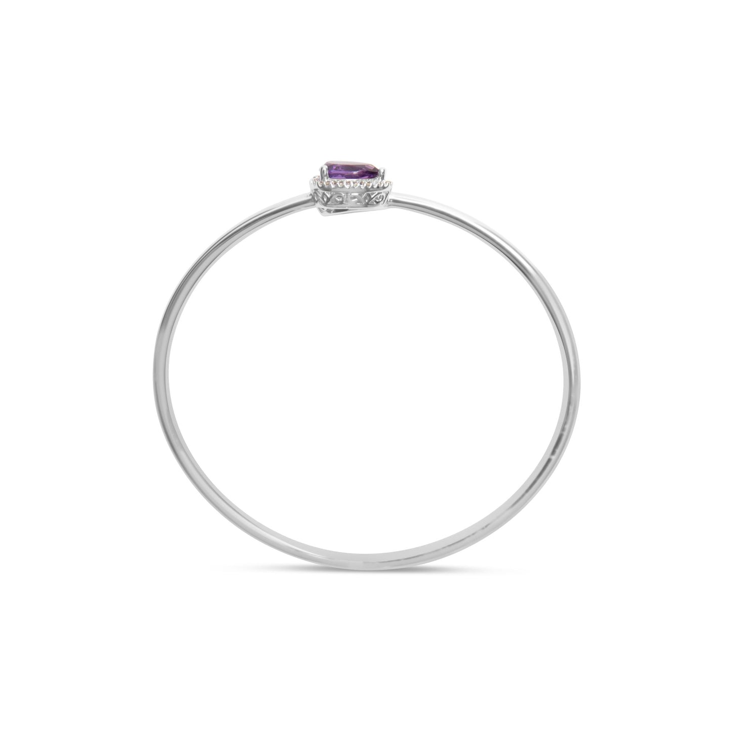 Side view of a white metal bracelet with two pear-shaped purple gemstones set above a row of round white gemstones in prong settings.