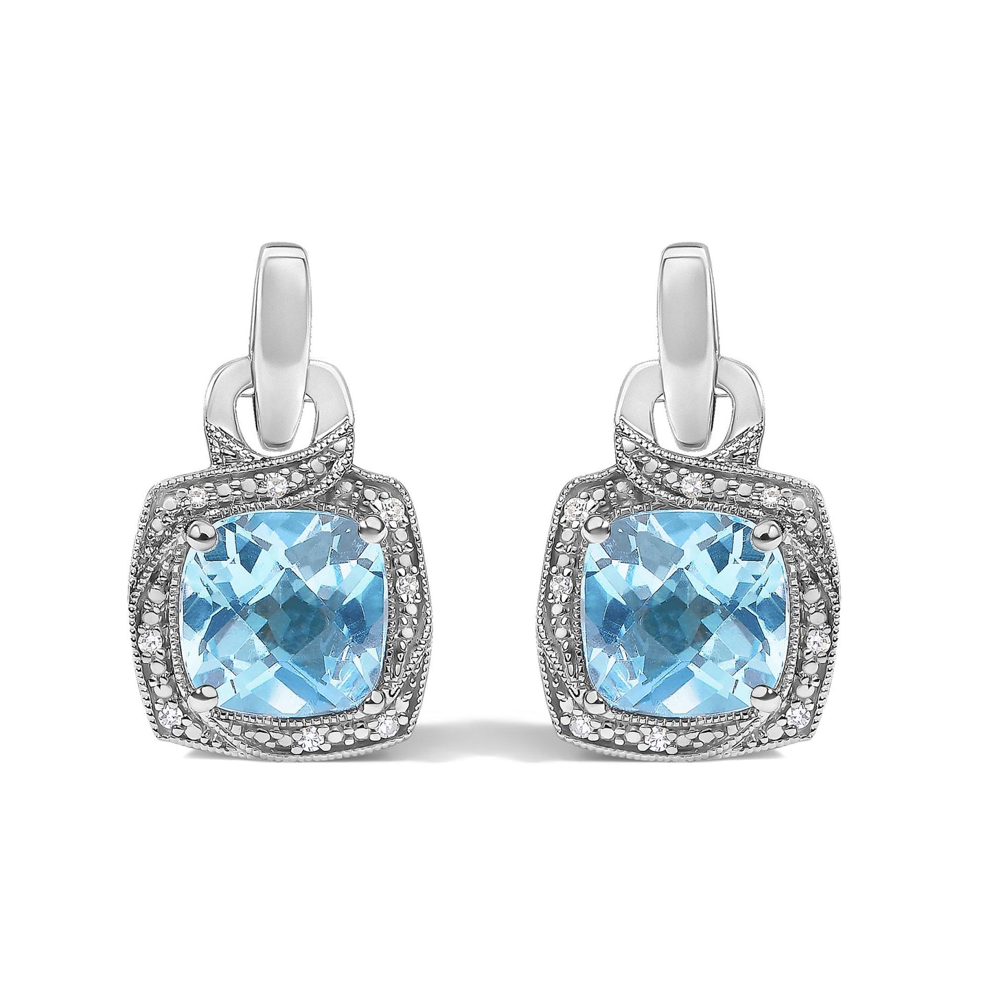 Sterling Silver Cushion Cut Blue Topaz and Diamond Accent Geometric Dangle Earrings