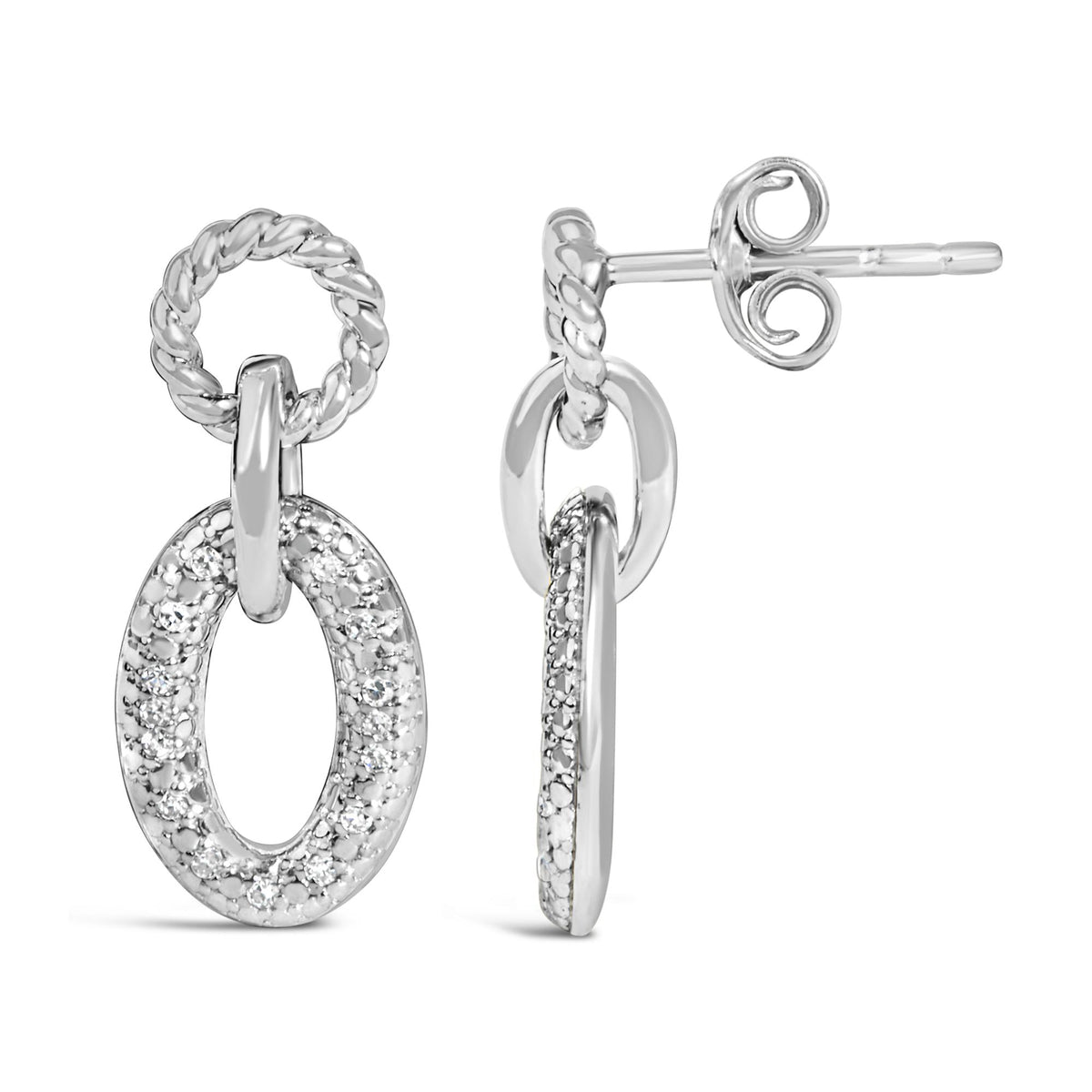 Sterling Silver Diamond Accent Oval Link Drop Earrings with Twisted Rope Detail