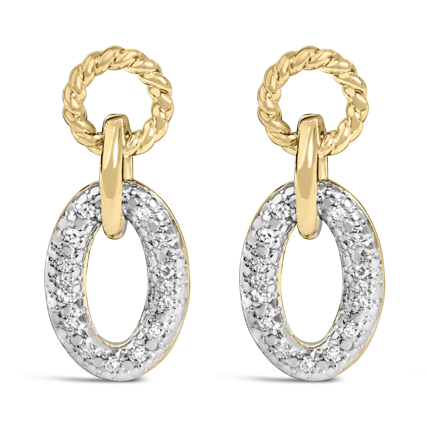 Close-up front view of yellow metal earrings featuring a twisted circular top loop connected to an oval-shaped loop adorned with small white gemstones in a pave setting.