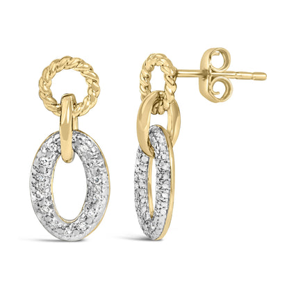 Front and side view of gold vermeil diamond oval-link earrings with twisted rope tops and pave diamond drops on white