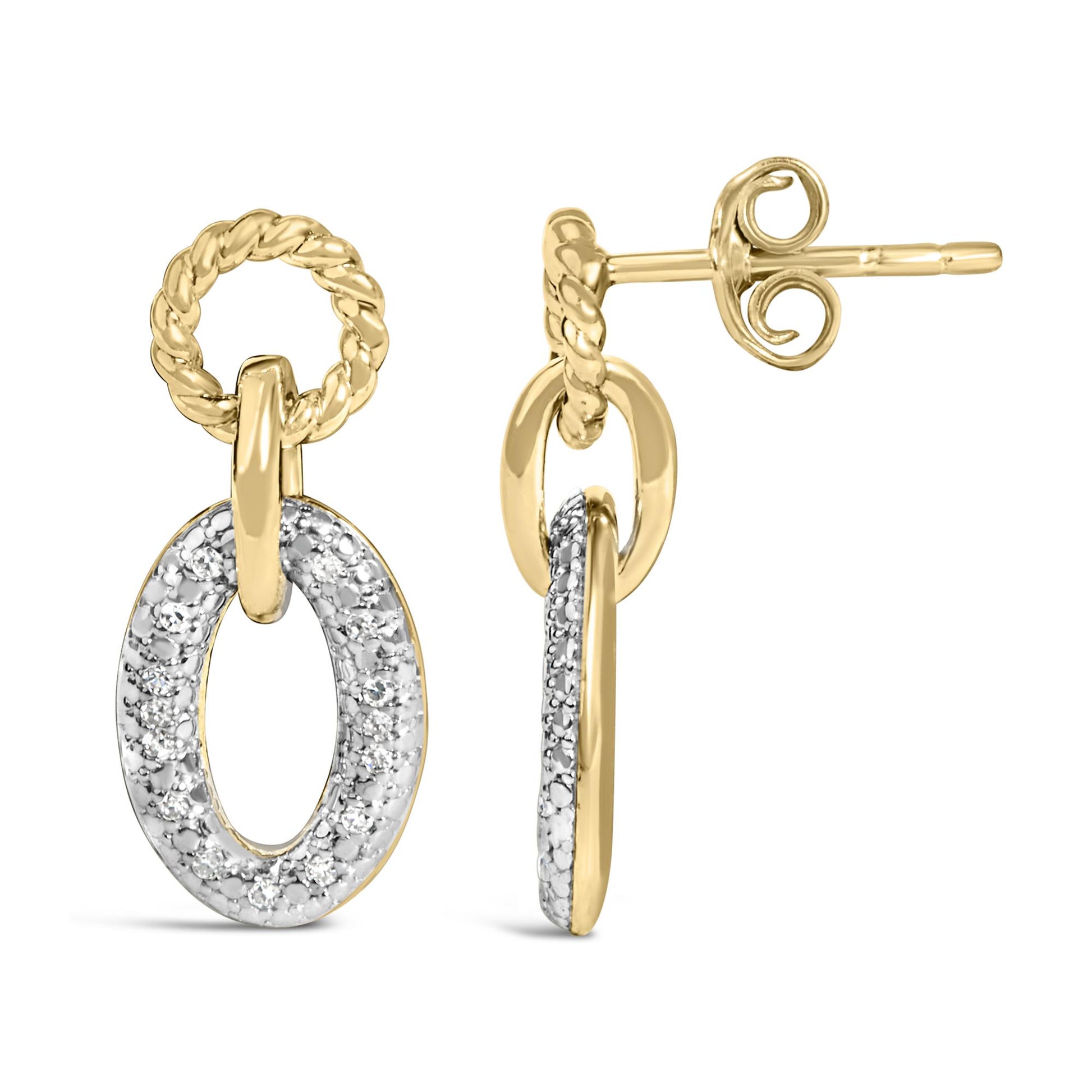 Front and side view of gold vermeil 1/10 cttw diamond oval-link earrings with twisted rope top and pave oval drop on white