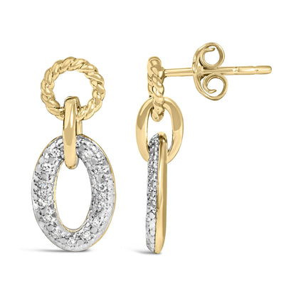 Front and side view of gold vermeil 1/10 cttw diamond oval-link earrings with twisted rope top and pave oval drop on white