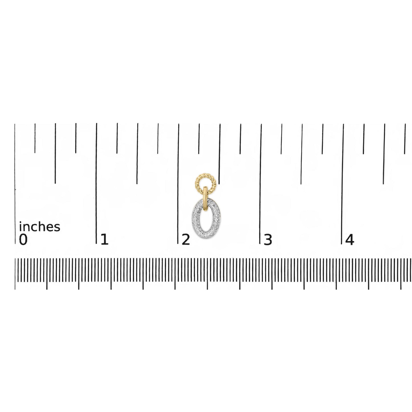 Close-up front view of a yellow metal earring with two linked oval shapes, the lower oval paved with white gemstones, shown on a scale.