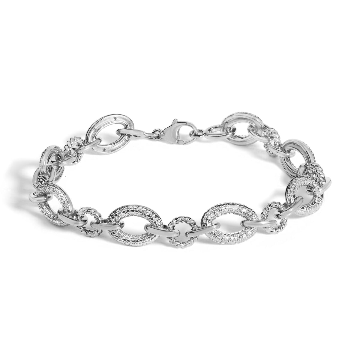 Close-up, top view of a white metal bracelet with a lobster clasp, featuring alternating large oval links accented with pave-set white gemstones and smaller textured links.