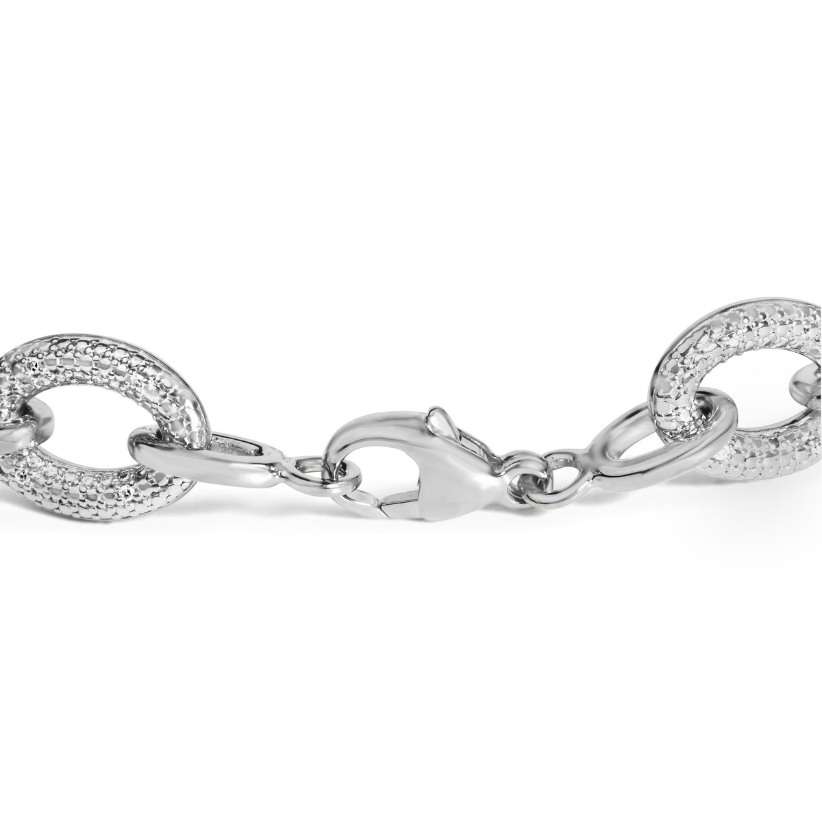 Close-up front angle view of a white metal bracelet link featuring round white gemstones in a pave setting, showing the clasp and part of the chain.