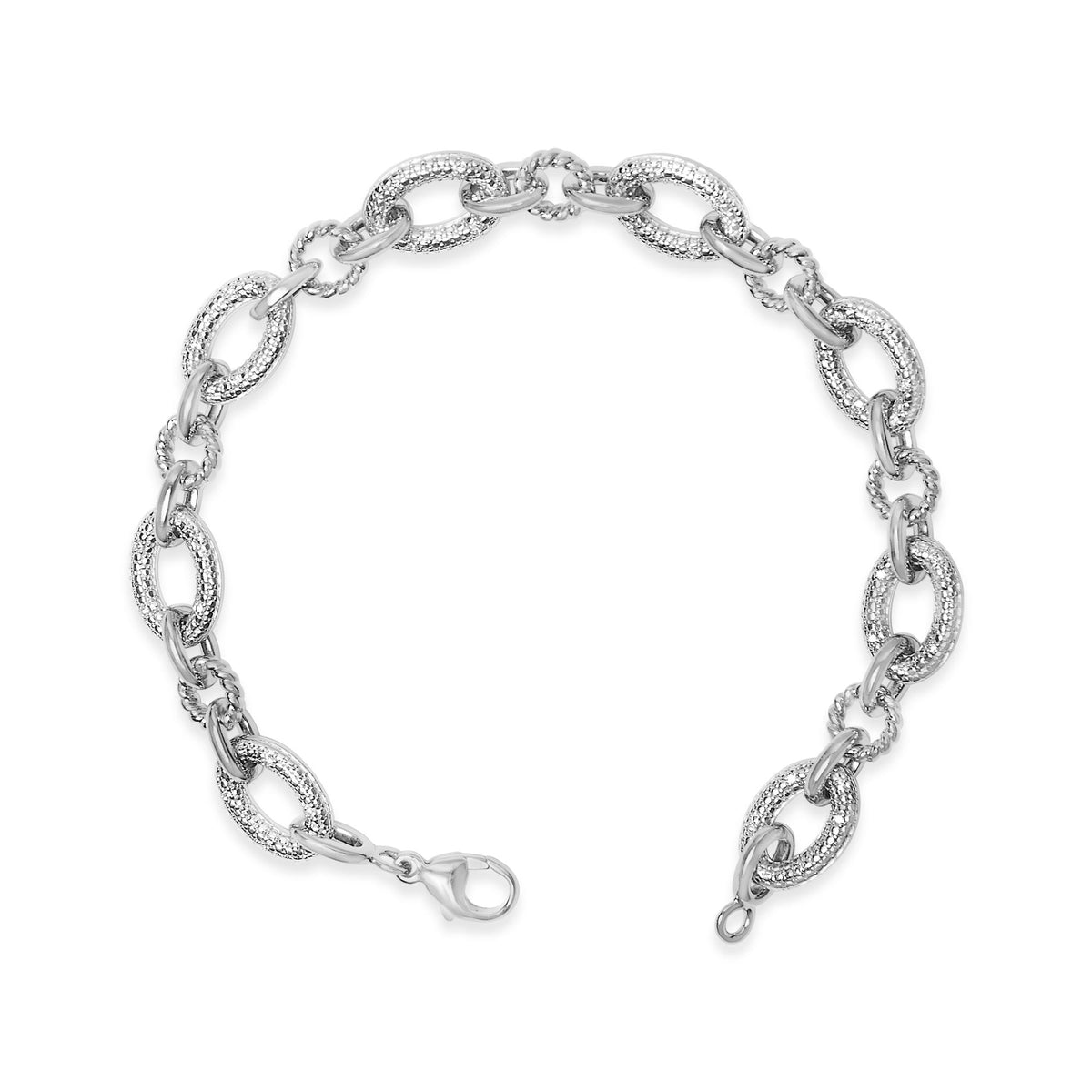 Close-up top view of a white metal bracelet with alternating oval links, some featuring pave-set round white gemstones, shown on a white background.