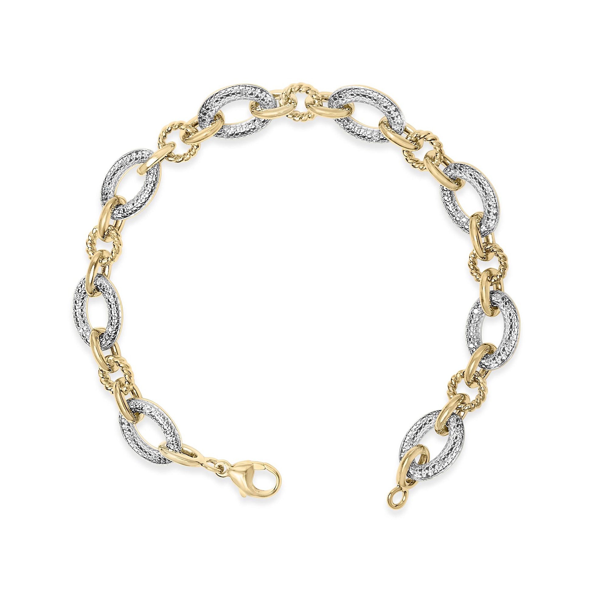Top-down view of a yellow metal bracelet with alternating smooth and textured oval links, the textured links set with white gemstones in a pave setting, shown flat on a white background.
