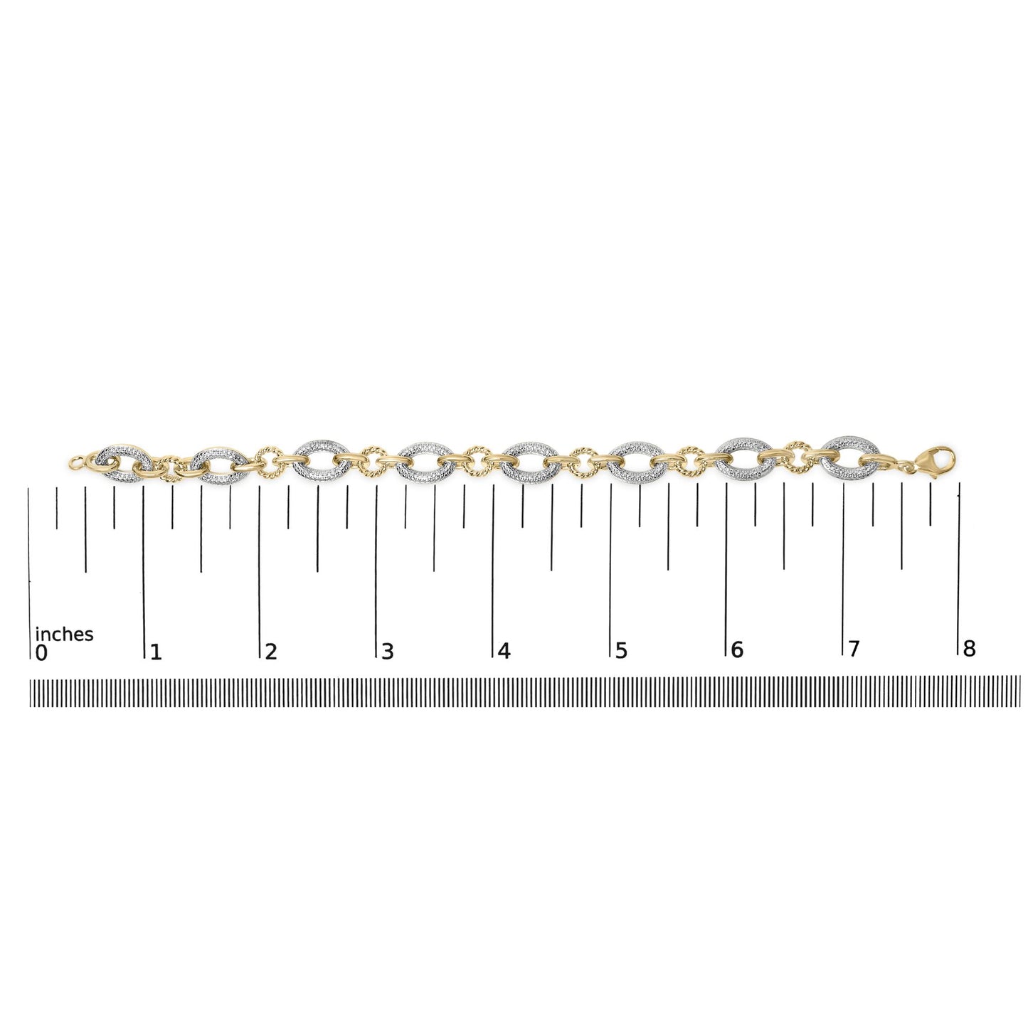 Bracelet shown flat on a scale from a top-down angle, featuring alternating oval-shaped links with pave-set white gemstones on some links and smooth yellow metal on others, with a clasp on one end.