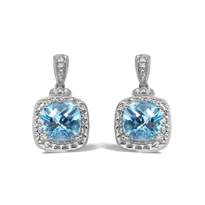 Sterling Silver 8x8mm Cushion Cut Blue Topaz and Diamond Accent Drop Earrings