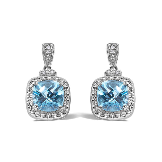 Sterling Silver 8x8mm Cushion Cut Blue Topaz and Diamond Accent Drop Earrings