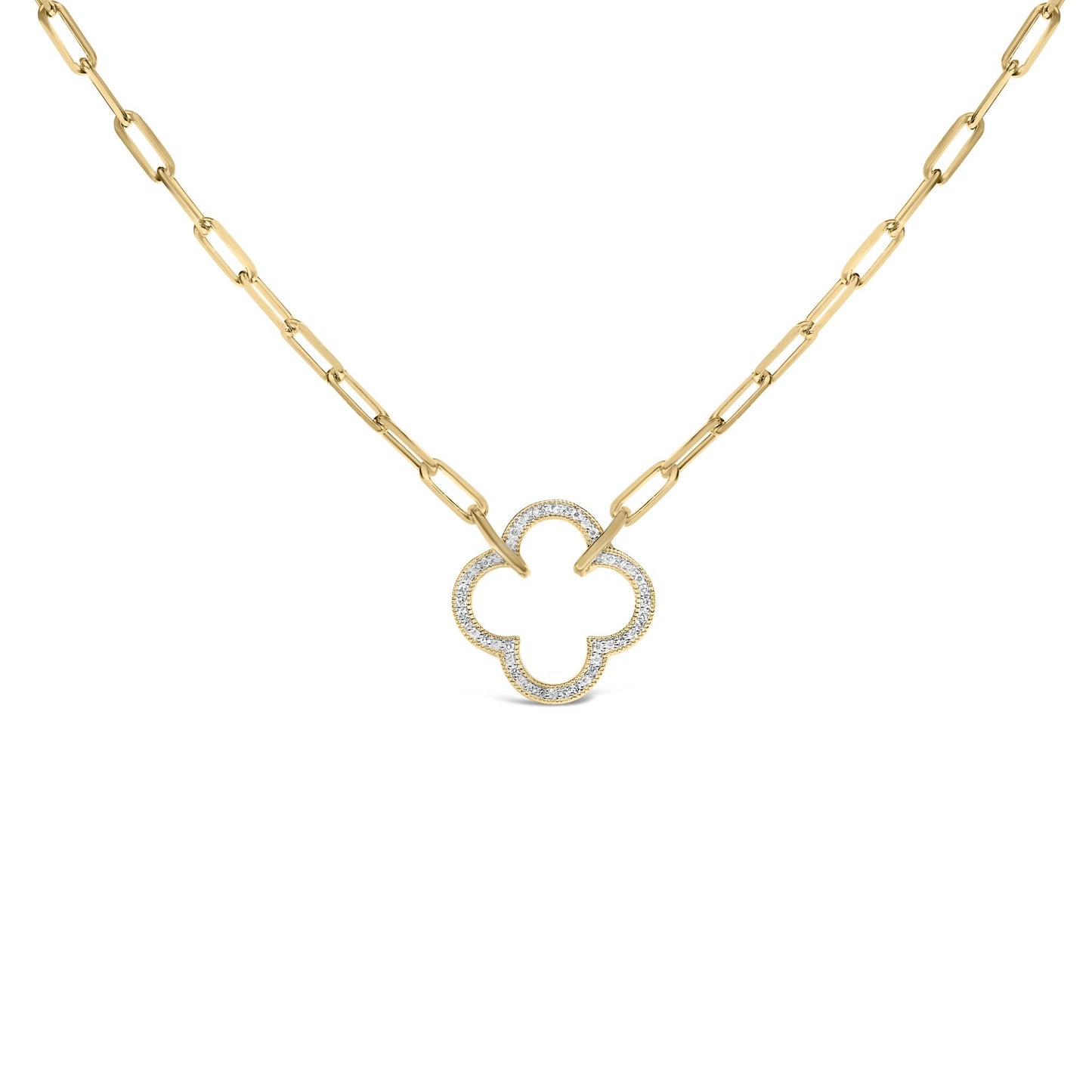 Close-up front view of a yellow necklace with elongated chain links and a quatrefoil-shaped pendant encrusted with white gemstones in a pave setting.