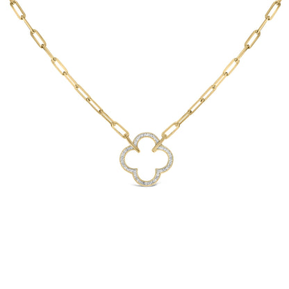 Close-up front view of a yellow necklace with elongated chain links and a quatrefoil-shaped pendant encrusted with white gemstones in a pave setting.