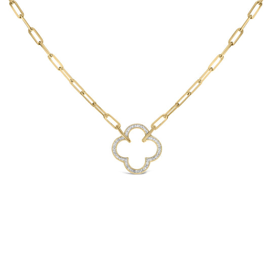 Close-up front view of a yellow necklace with elongated chain links and a quatrefoil-shaped pendant encrusted with white gemstones in a pave setting.
