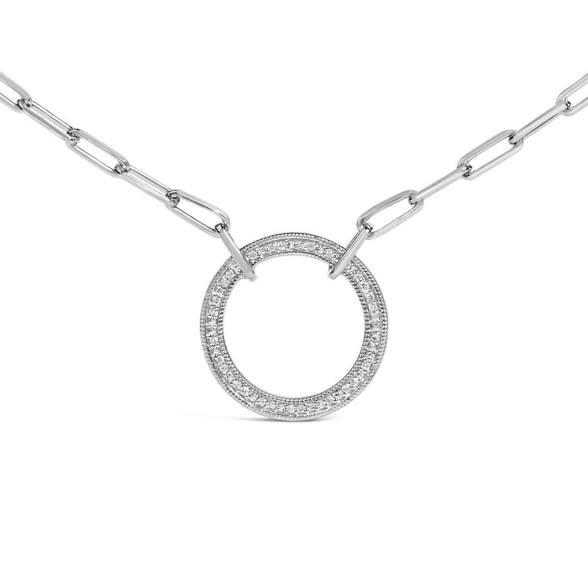 Close-up front view of a white metal necklace with a circular pendant featuring pave-set round white gemstones, shown on a white background.
