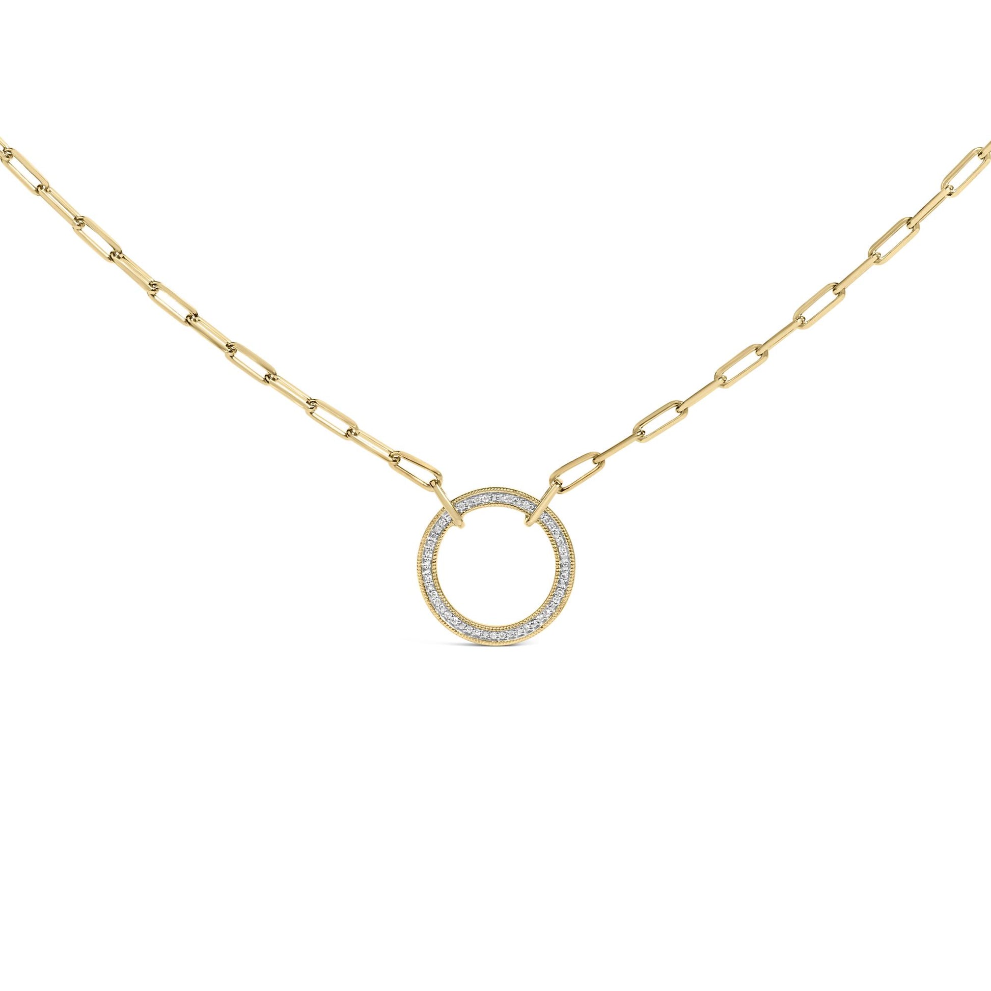 Gold Vermeil 1/10 Cttw Diamond Paperclip Chain Circle Pendant Necklace