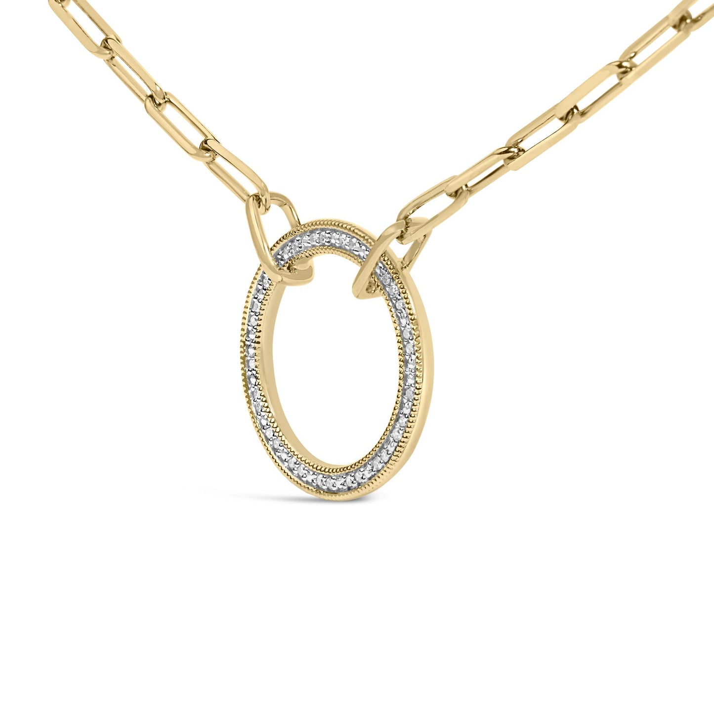 Gold Vermeil 1/10 Cttw Diamond Paperclip Chain Circle Pendant Necklace