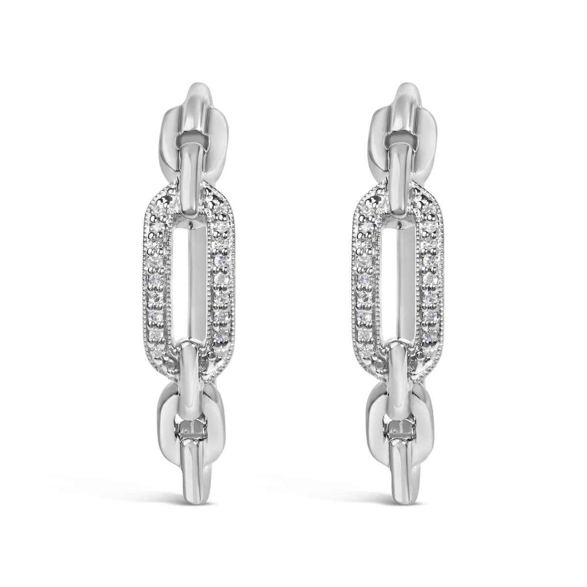 Close-up front view of white metal chain link earrings, one rectangular link adorned with white gemstones in pave setting.