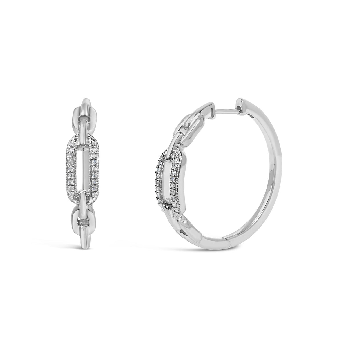 Close-up front and side view of white metal earrings featuring linked chain design with rectangular links adorned with small white gemstones in pave setting.