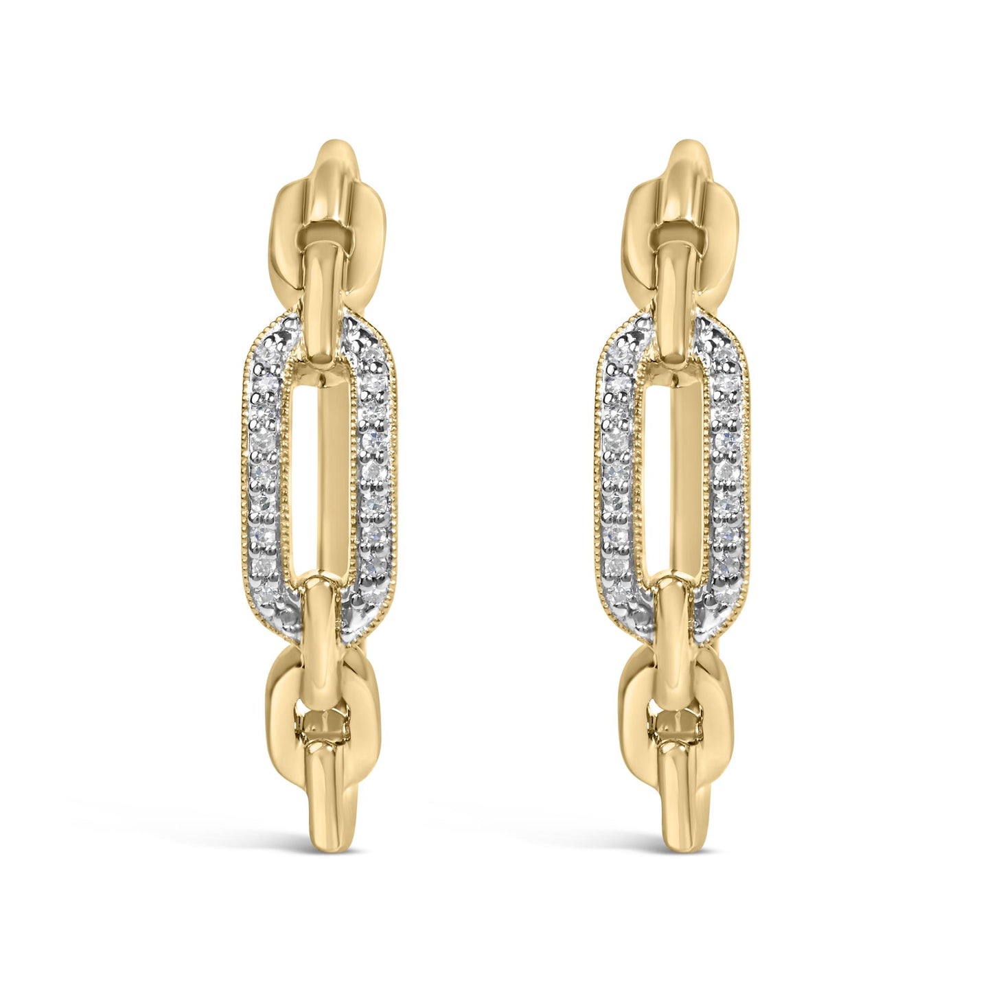 Close-up front view of a pair of yellow metal earrings with elongated oval links, featuring white gemstones in a pave setting on the upper link.